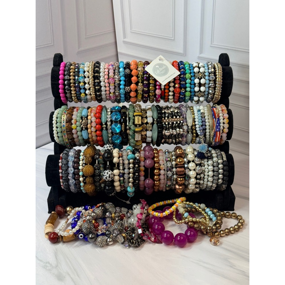 Lot of 100 Beaded Stretch Bracelets Life Beads Glass Resin Crystal Stone Mixed